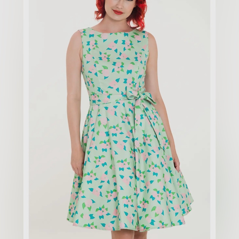 Miss Lulo Ruby fit and flare Mint Green Patterned Dress Vintage S
